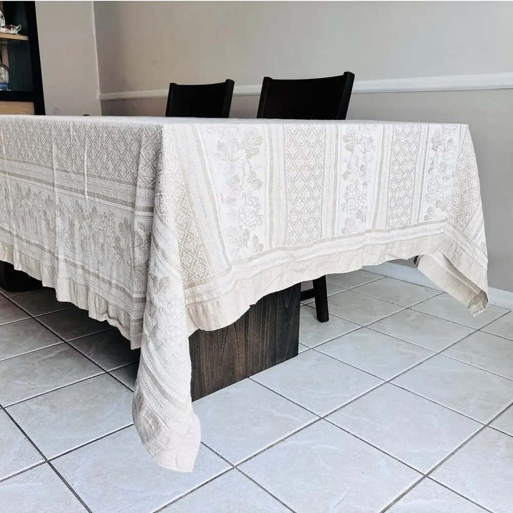 Williams Sonoma 70x126 Linen Cotton Jacquard Grapevine Tablecloth Taupe Ivory